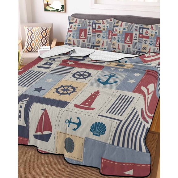Nautical Ship Checked Twin XL Size Down Alternative Comforter, Lightweight Comforter Quilt Bedding Set with Pillow Shams Blue Coastal Sailboat Anchor All Seasons Bed Comforter Duvet Insert 68"x98"