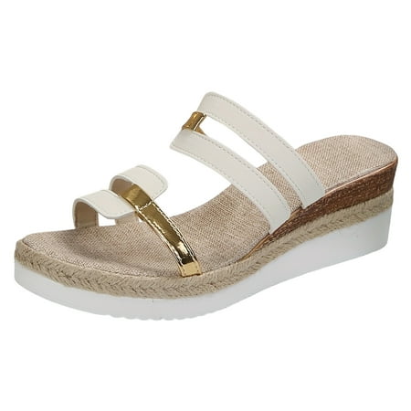 

MIASHUI Summer Sandals for Women Soft Leather Woven Straw Shoes Bottom Thick Bottom Slope Heel Sandals Slippers White 8.5