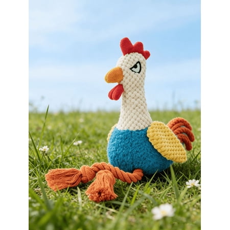 Squeaky Chicken Dog Toy with Rope Legs Durable Tug & Play Rooster Toy for Small Medium Dogs Cute Pet Chew Toy (Blue)