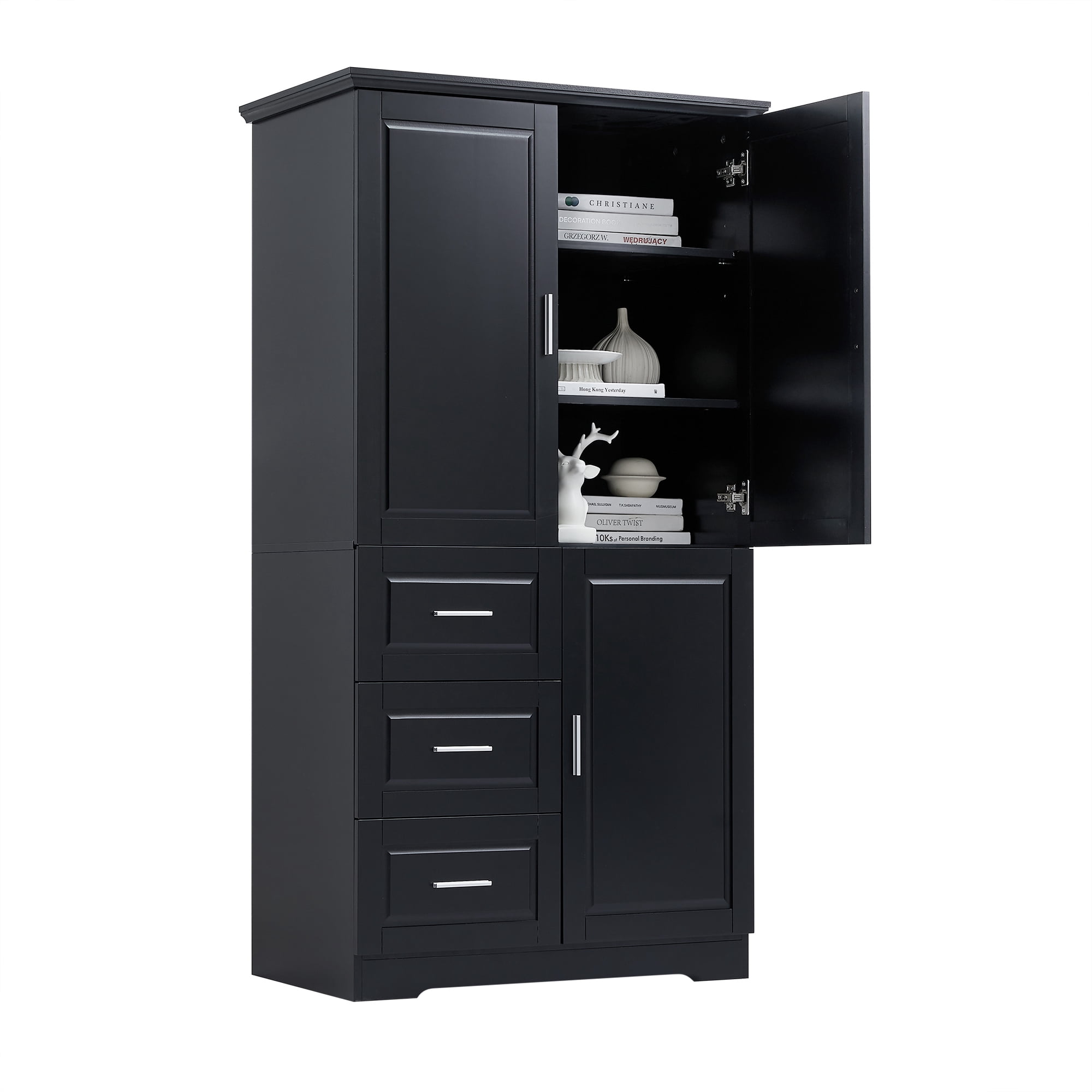 Euroco Tall Freestanding Storage Cabinet with 3 Drawers and Adjustable Shelf, Wide Linen Tower Cabinet with Doors, Waterproof Painted MDF, Anti-Tipping Kit