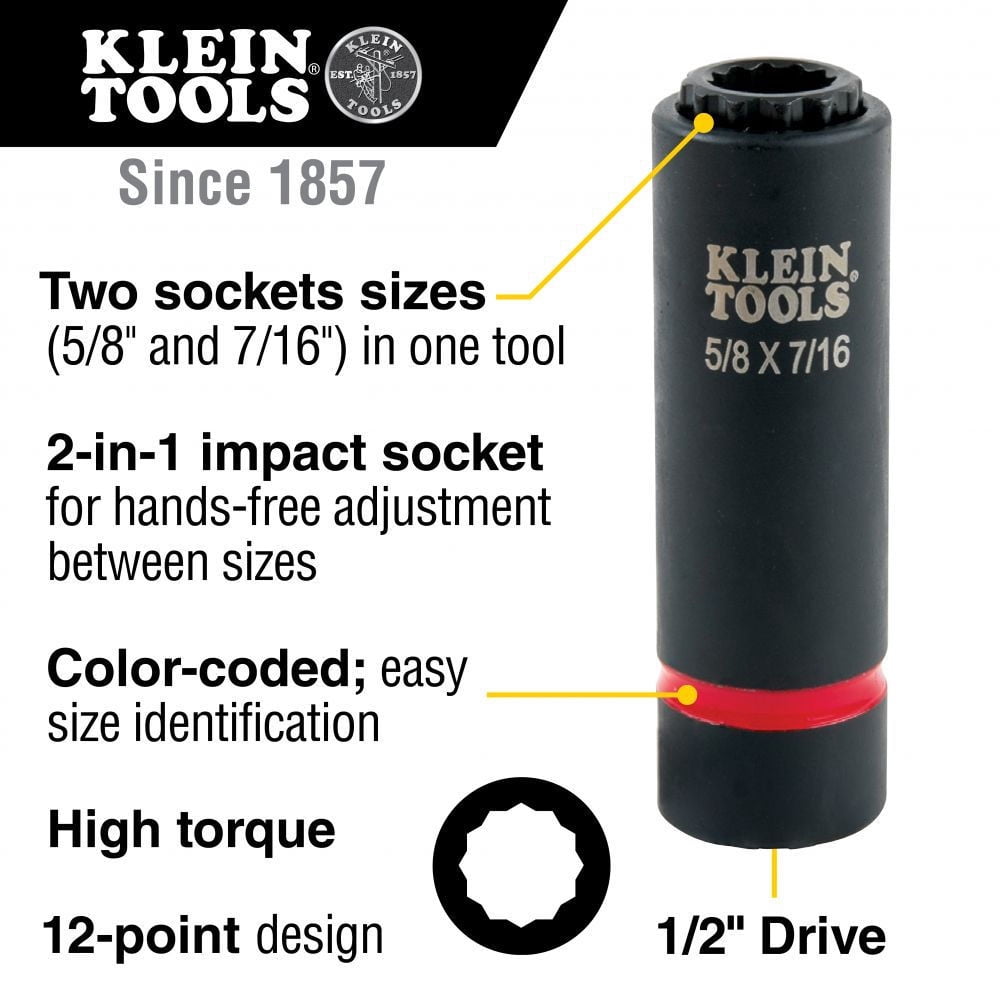 Klein Tools 66012 5/8 in. and 7/16 in. 2-in-1 12-Point Impact Socket