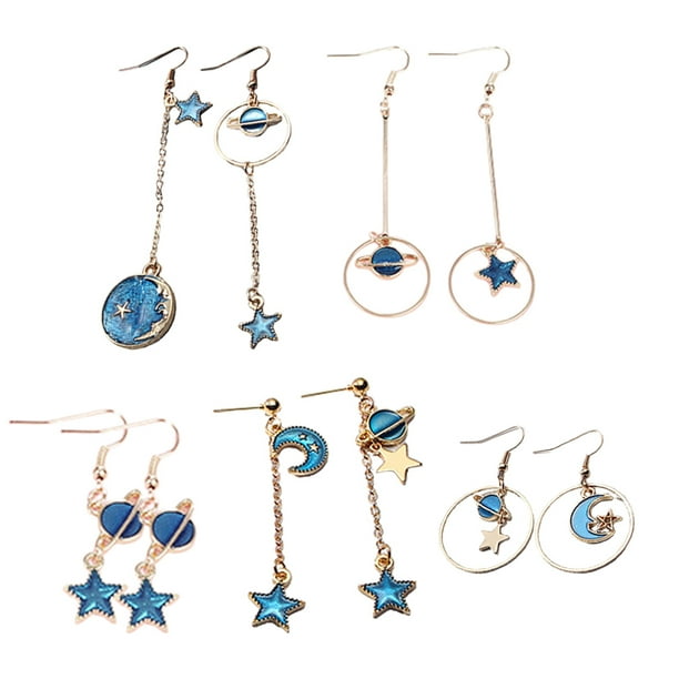 5 pares de pendientes asimétricos con forma de planeta, estrella y luna, joyería de estrella, pendientes para mujer