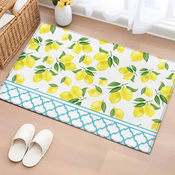 2x3 Ft Entryway Area Rug, Yellow Lemon Kitchen Rug Runner Washable Floor Mat, Farmhouse Summer Botanical Watercolor Non Slip Indoor Door Mat Throw Carpet for Bathroom Living Room Bedroom