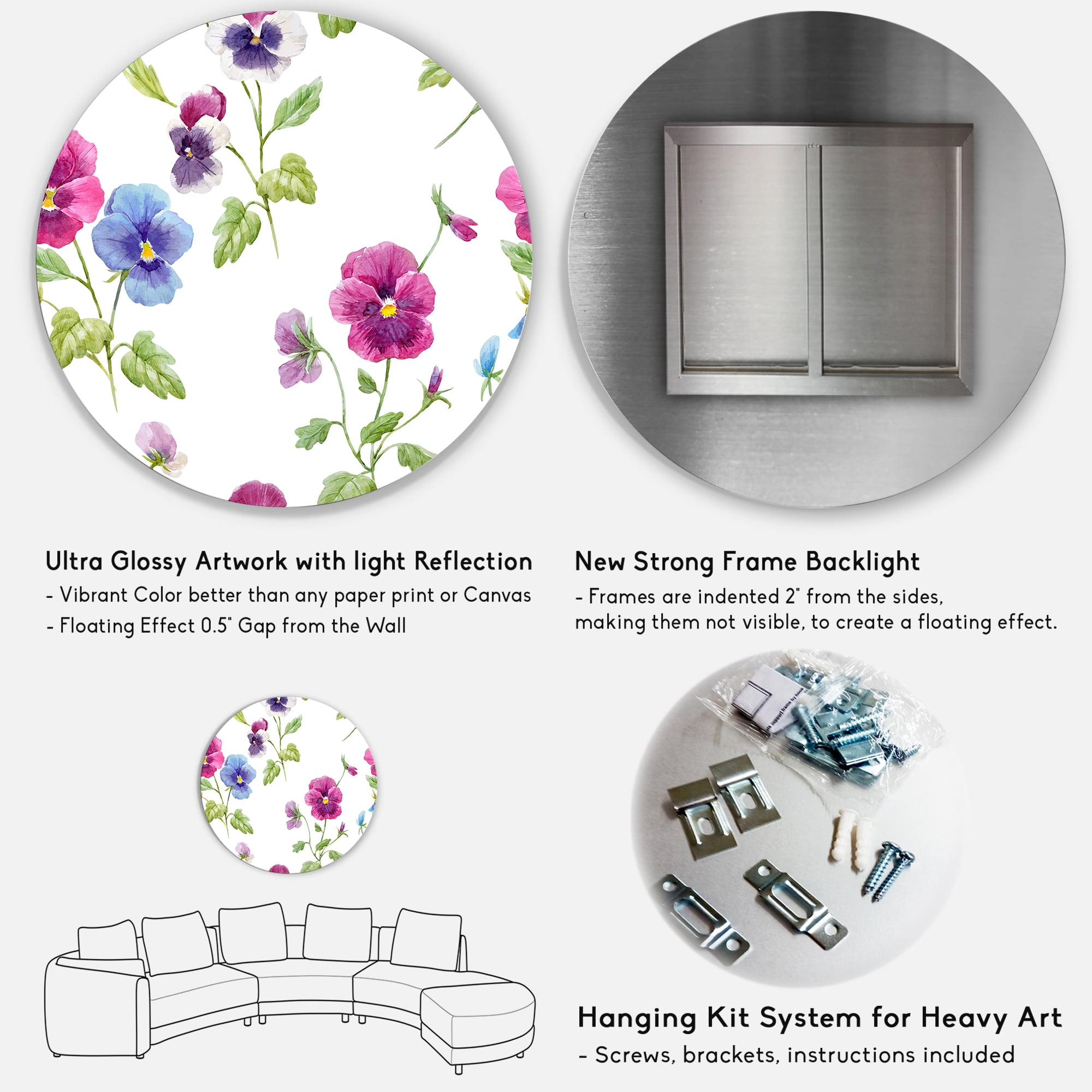 Designart 'Blue and Pink Pansy Flowers II' Traditional Circle Metal Wall Art 36x36 - Disc of 36