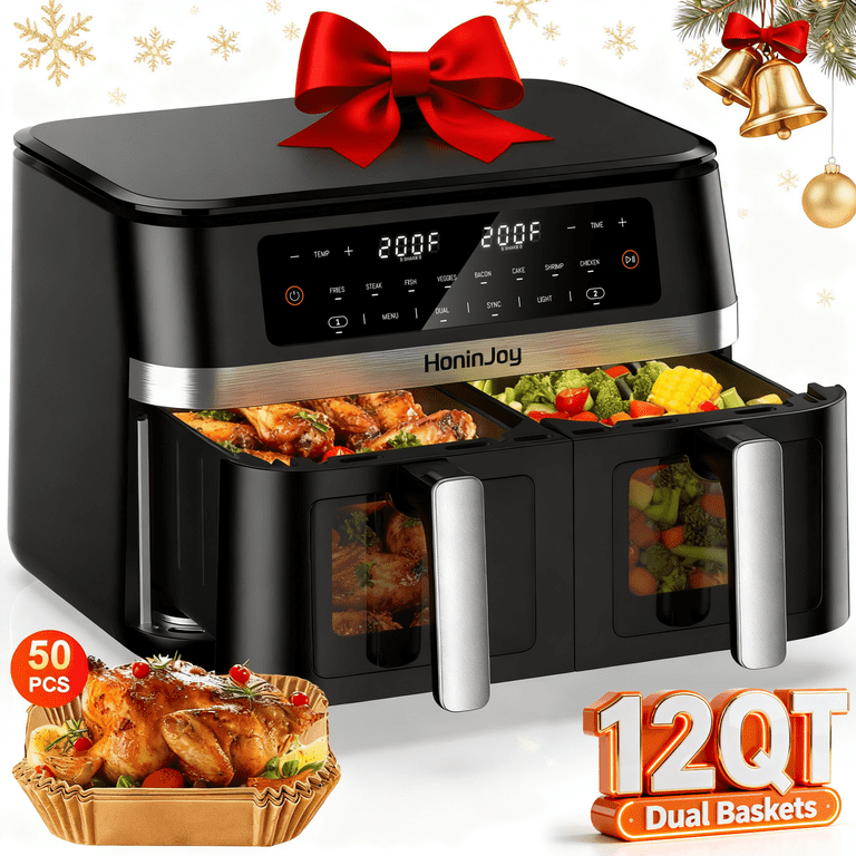 HoninJoy 12 QT Large Dual Basket Air Fryer with Visible Window, 10