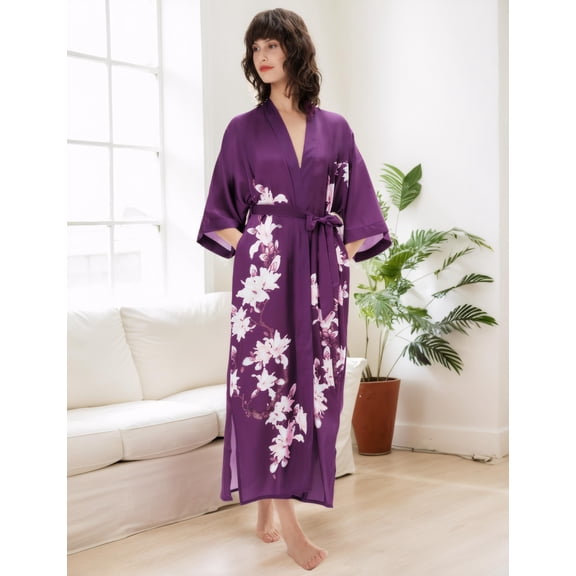 BABEYOND Kimono Robe Cover up with Box Long Floral Satin Sleepwear Silky Bathrobe Bachelorette Robe
