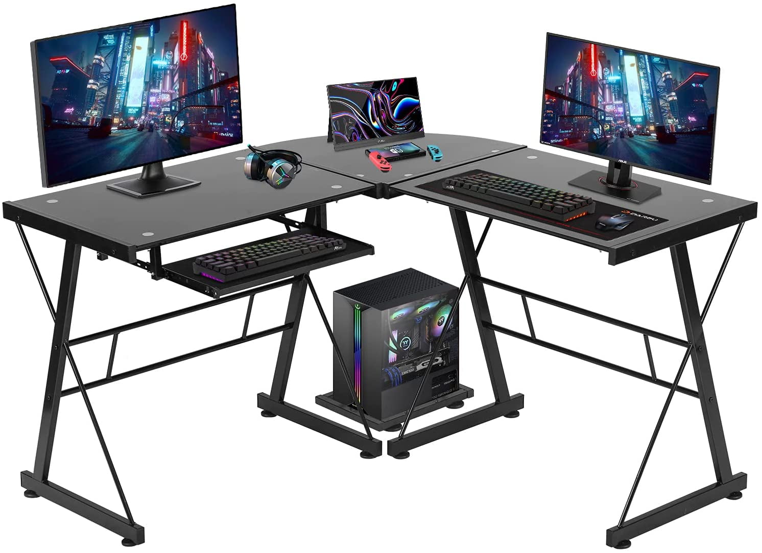 L-Shaped Desk Corner Computer Gaming PC Table Laptop W/ Keyboard Tray CPU Stand 