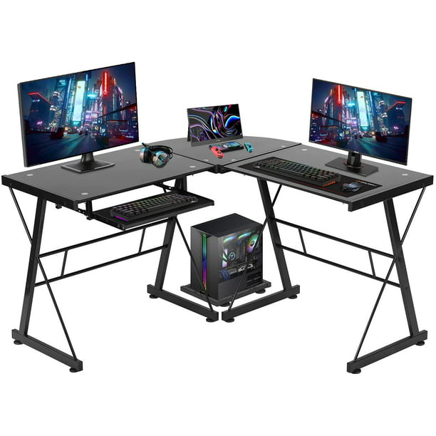BestOffice L Shaped Computer Gaming Desk Toughened Glass Writing Study PC  Modern with Keyboard,Easy to Assemble,Black 