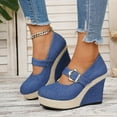thumbnail image 4 of Blue Womens Plus Size Summer Shallow Mouth Wedge Heel Casual Shoes Solid Color Buckle Strap High Heel Waterproof Platform Denim For Outdoor Activities, 4 of 9