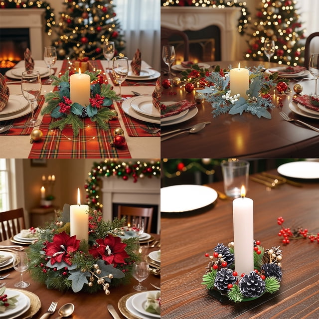 Corona Navideña para Candelabro con Piñas Blancas y Rojas, Ramas de Pino y Decoración Vegetal Verde | 20 X 20 X 8 Cm | Material: Plástico | 35 G | Ideal para Centros de Mesa con Velas