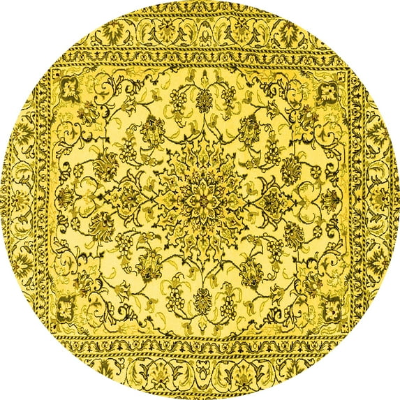 Ahgly Company Machine Washable Indoor Round Medallion Yellow Traditional Area Rugs, 3' Round