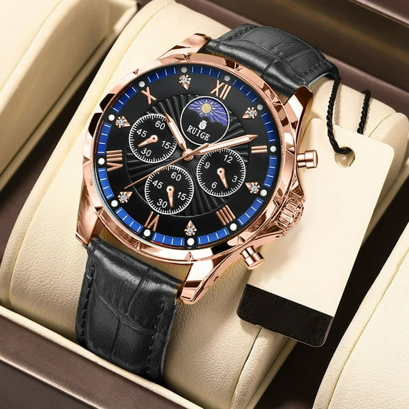 RUIGE Multi functional Men's Watch Leather Men's Night Light Waterproof Trendy Watch