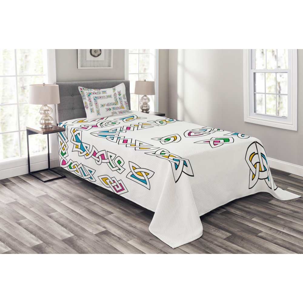 Irish Bedspread Set Twin Size, Celtic Ornament Patterns Set Colorful