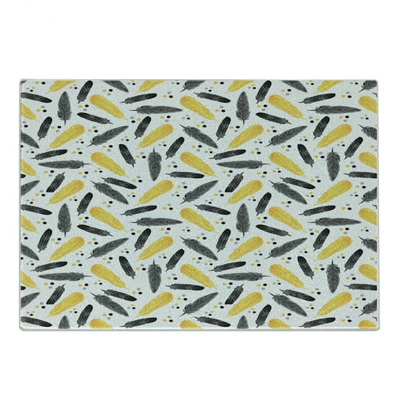 Feather Cutting Board, Bohemian Exotic Plumage with Watercolor Spots Pastel Print, Decorative Tempered Glass Cutting and Serving Board, Small Size, Grey Yellow, by Ambesonne