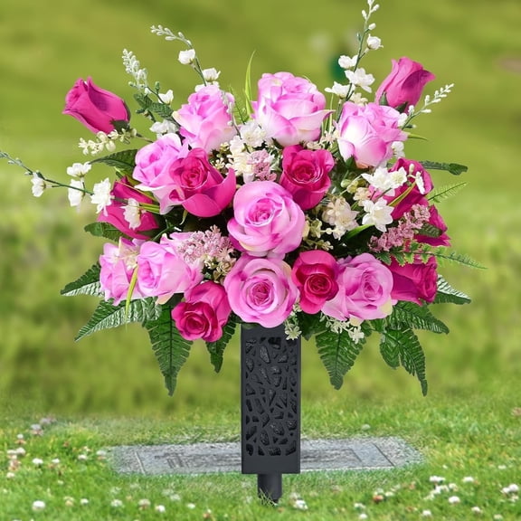Yastouay Set of 2 Artificial Cemetery Flowers with Vase, Rose Bouquet Memorial Day Flowers for Cemetery Grave Decorations