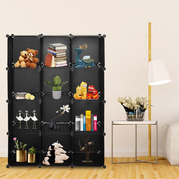 Topcobe Cube Storage Organizer, Book Shelf 12 Cube Storage Unit for Clothes, Plastic Cube Storage Shelves for Bedroom Living Room Office, Black