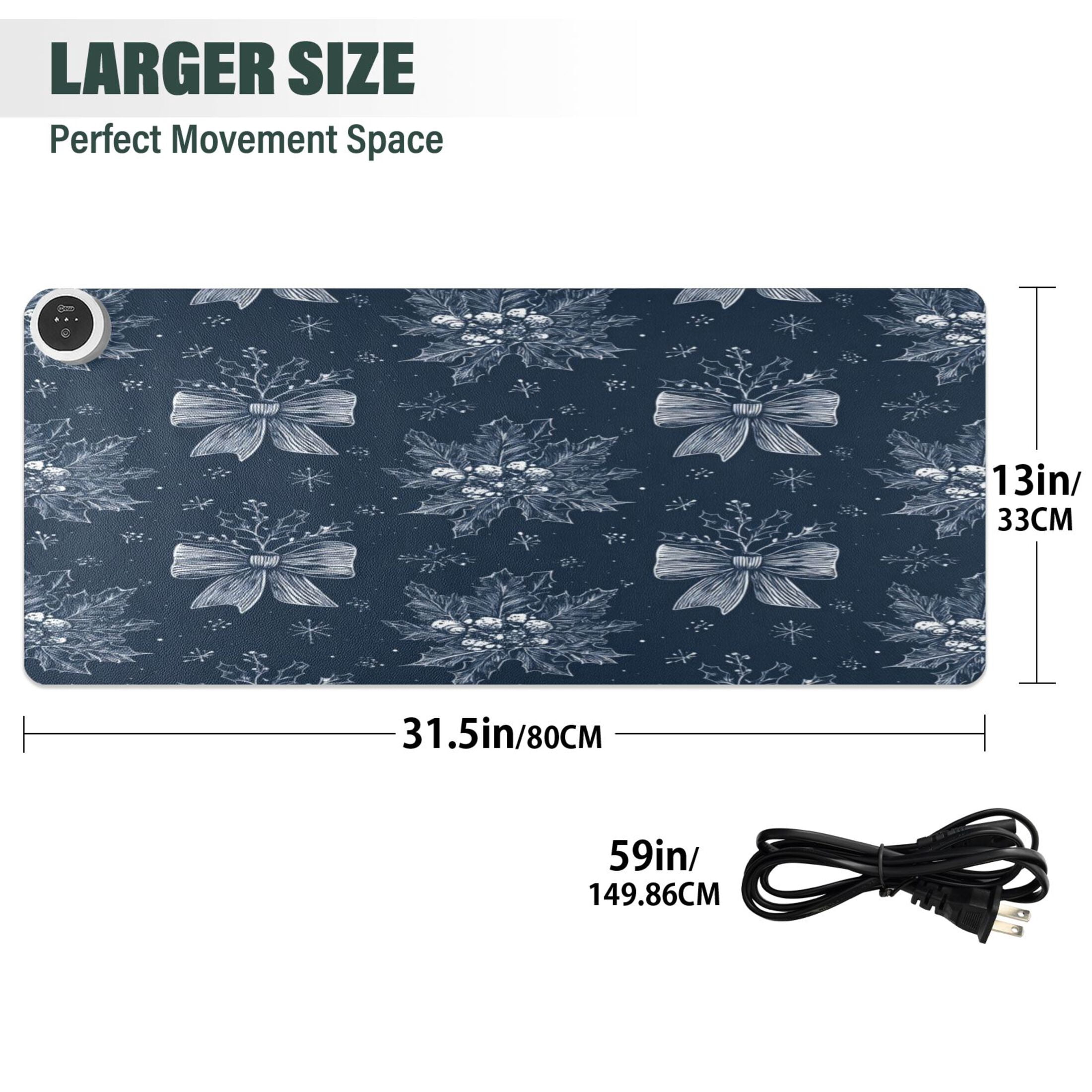 Large Heated Desk Mat Mouse Pad 31.5"x13"PU Leather Graphene Heating Desk Warmer with 3 Temperature Settings 110V US Plug Non-Slip Warm Pad for Home, Office, and Gaming Silver Christmas Bows Pattern