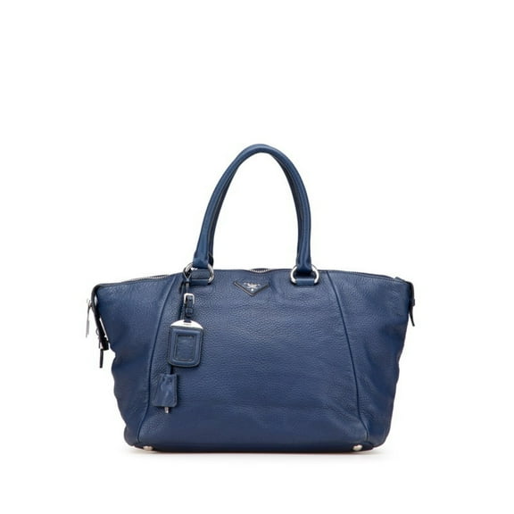 Pre-Owned Prada Triangle Logo Plate Handbag Tote Bag Blue Leather Women's PRADA