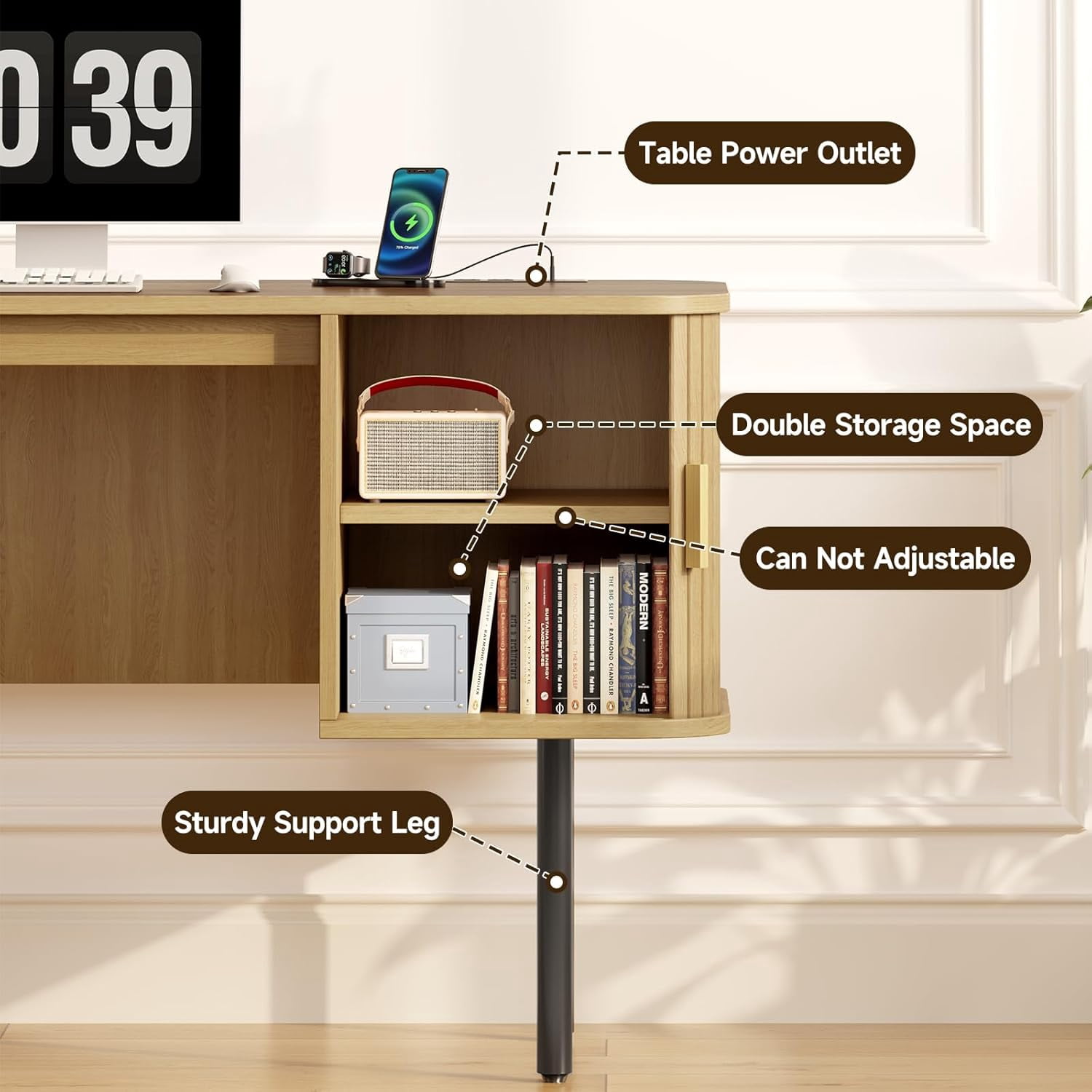 55-Inch Oak Fluted Computer Desk with Charging Station and 2 Storage Cabinets, Mid-Century Executive Desk for Home Office