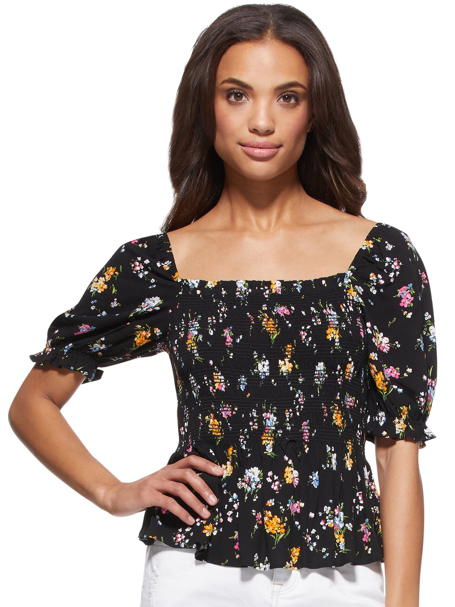 Scoop Women's Smocked Printed Puff Sleeve Top