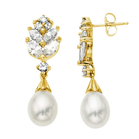 Freshwater Pearl Drop Earrings with Created White Sapphire in 10kt Gold