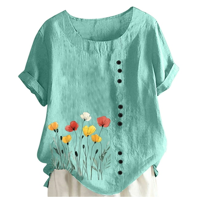 LMKIHUSA Chemise en Lin à Manches Courtes pour Femmes Mode Décontractée Été 2025 Chemises Tunique à Imprimé Floral Boho T-Shirts Col Rond Blouses à Boutons Vert Menthe,G