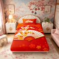 thumbnail image 4 of Manfei Traditional Fan Twin Sheet Sets for Home, Floral Pattern Bedding for Office, Red Orange White 3-Piece, 1 Flat Sheet, 1 Fitted Sheet and 1 Pillowcase, 4 of 6