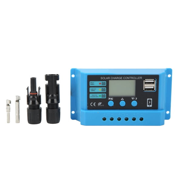 Controlador de panel solar de 12 V y 24 V con pantalla LCD, controlador de carga fotovoltaica con conectores azules de 10 A.
