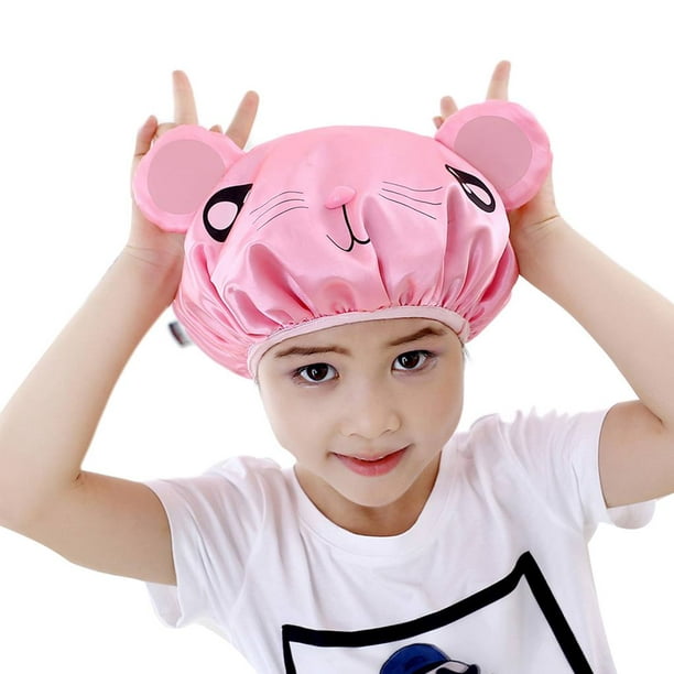 10pcs Shower Cap Waterproof Bath Hat Cartoon Elastic Double Layer Shower  Hat Cover for,Pink Cartoon pink mouse 