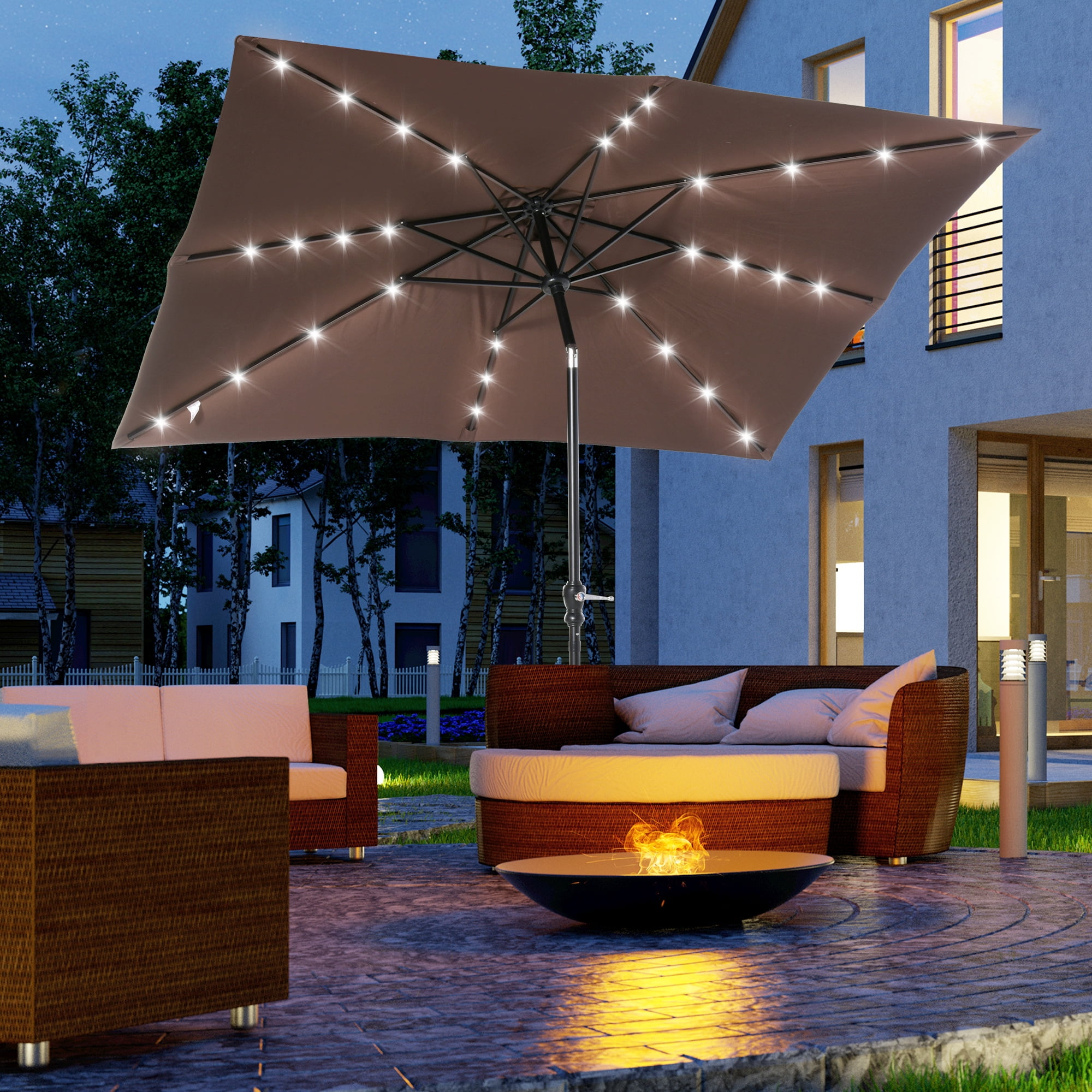 Homiyad 9' x 7' Patio Umbrella Outdoor Table Market Umbrella with Crank, Solar LED Lights, 45° Tilt, Push-Button Operation, for Deck, Pool, Brown
