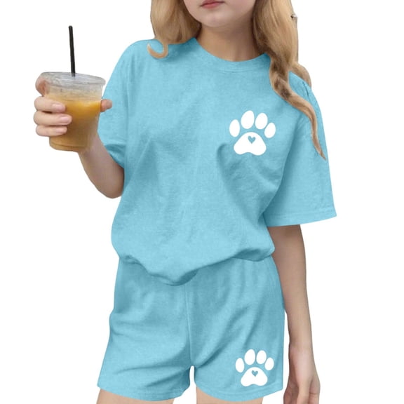 BLTIBY Girls Summer 2 Piece Outfits Printed Short Sleeve T Shirts Top with Shorts Casual Sports Sets Blue 9-10Years