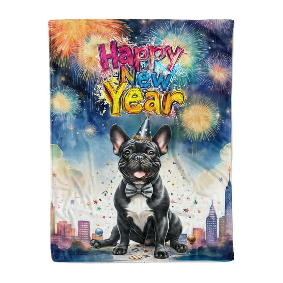 Happy New Year with French Bulldog Fireworks Holiday Xmas Winter 2025 Cozy Fleece Blanket Dog Lover Gifts Warm Soft Throw Blanket - 00025