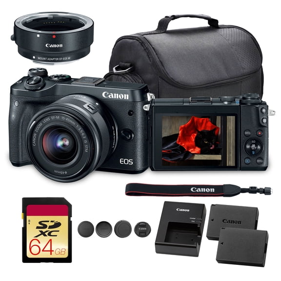 Canon EOS M6 Mirrorless Camera with 15-45mm Lens (1724C011)   EF-M Adapter   LP-E17   64GB Card   Bag