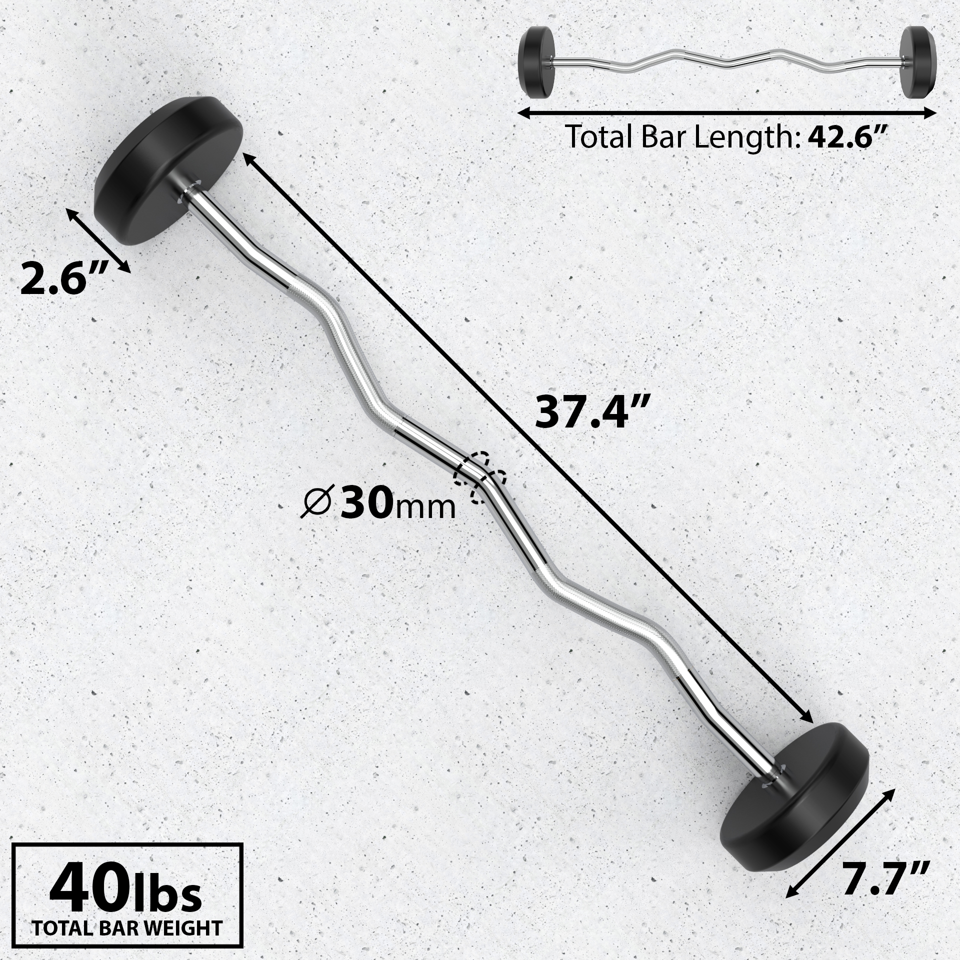 Synergee Fixed 40LB Easy Curl Bar Pre Weighted Curved Steel Bar with Rubber Weights - Fixed Weight