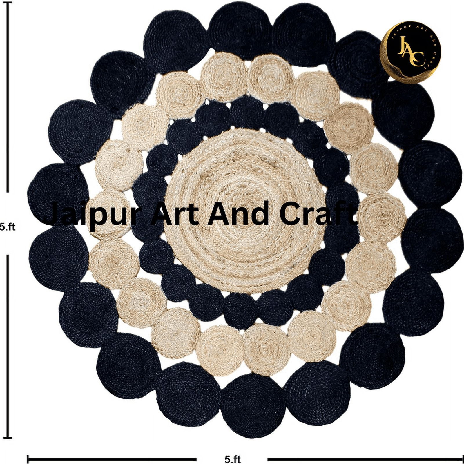 Jaipur Art And Craft Handmade Indian Natural Jute Rug Geometric Beige and Black Round Area Rug (7x7 Sq Ft)