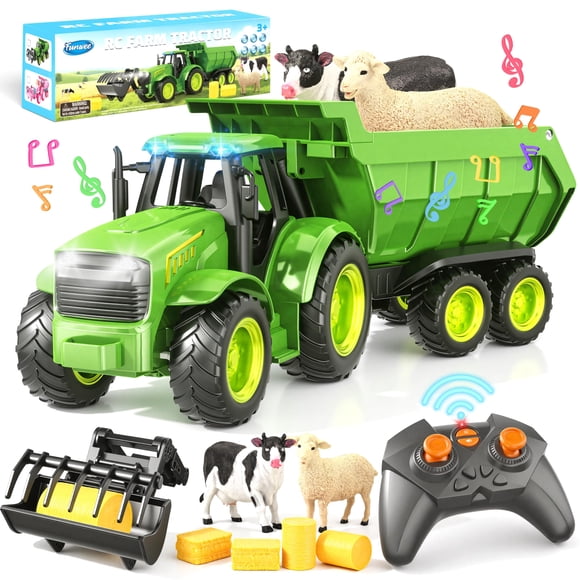 Funwee RC Farm Tractor Toy w/Light & Music, Kid Truck Toy w/Front Loader & Farm Animal, 2.4GHz RC Tractor Trailer Car Vehicle Toy for Boy Girl Age 3