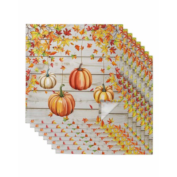 Weeping Pumpkin Fall Cloth Napkins Set of 8 Reusable Dinner Napkins, Thanksgiving Maple Leaves Wood Cocktail Napkin Washable Table Napkins for Wedding/Holiday Party/Baby Shower 20"x20"