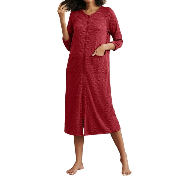 Avidlove Zipper Robes for Women 3/4 Sleeve Ribbed Knit Full Length Bathrobe Lightweight House Coat with Pockets