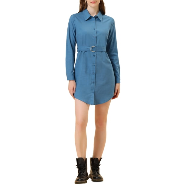 INSPIRE CHIC Camisa vestido de botones con cuello y cinturón de manga enrollada para mujer XS azul