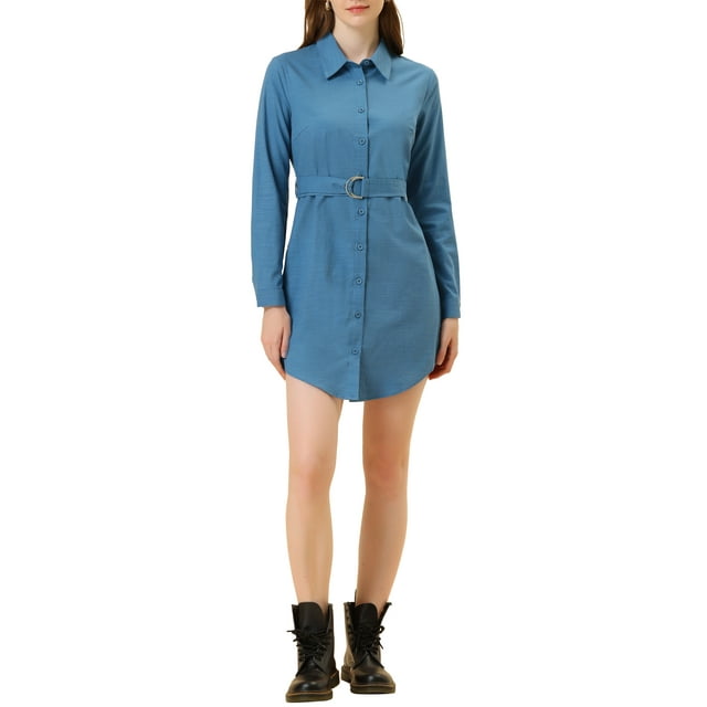 INSPIRE CHIC Robe Chemise à Manches Retroussables avec Ceinture et Col Boutonné pour Femmes m Bleu