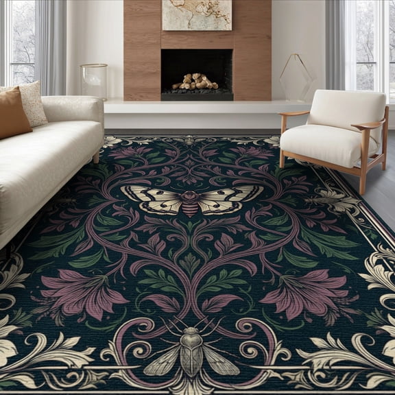 ODIKA 8'x10' Washable Area Rug Gothic Moth Design With Botanical Vine Symmetry Accents Witchy Floral Refined for Dining Room, Large Office, Lounge, Non-Slip Chair-Friendly Mat