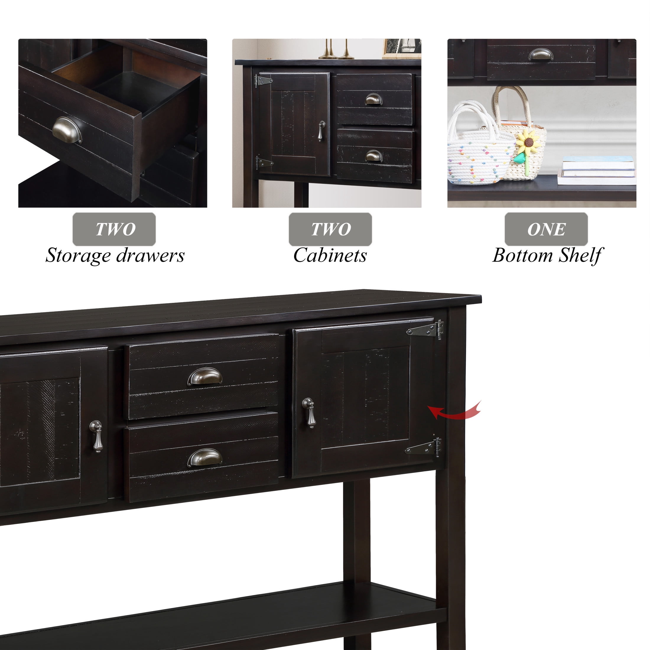 Noble House Warren Modern Entryway Console Table, Pine Wood Frame with Drawers, Cabinets and Shelf, Espresso