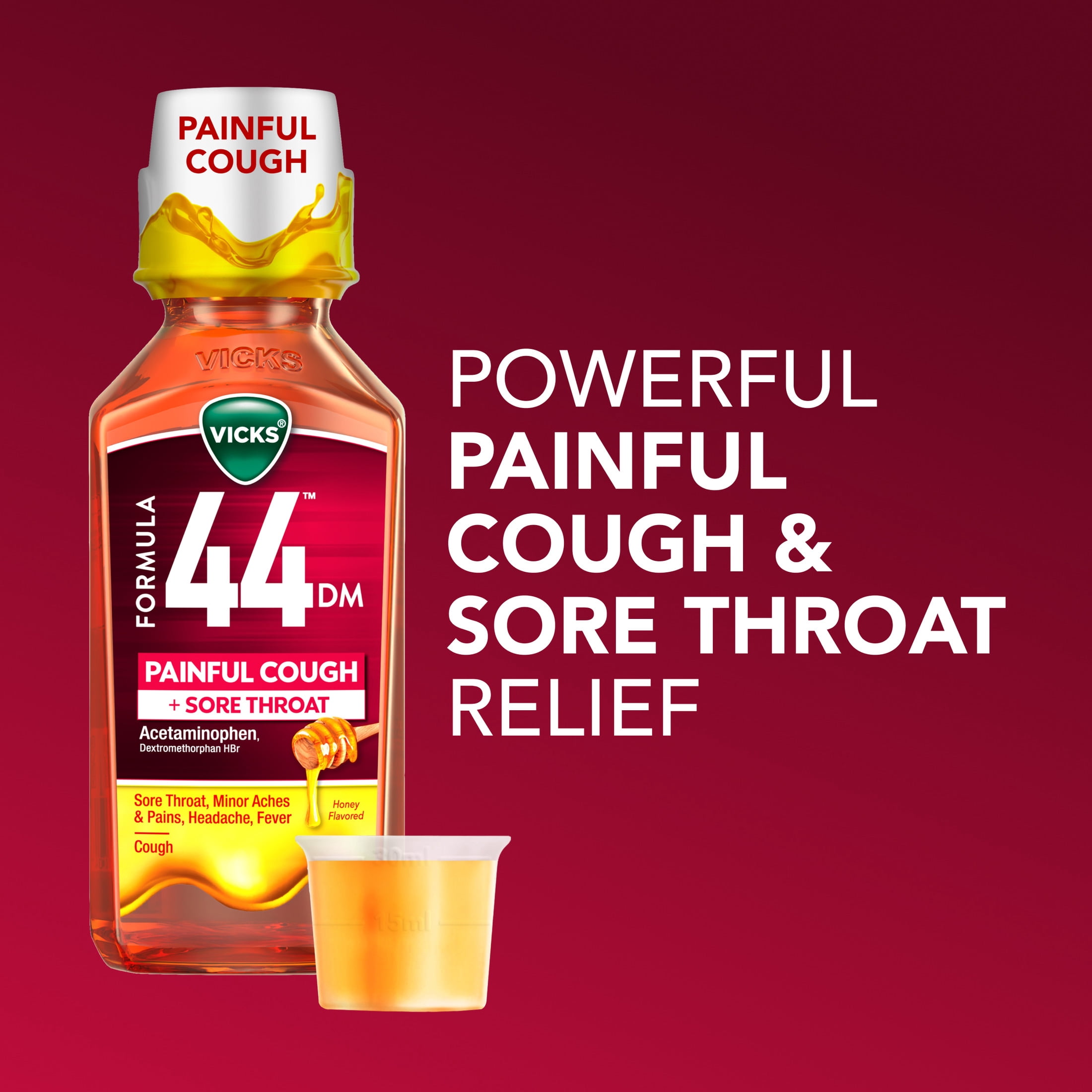 Vicks Formula 44 DM Painful Cough & Sore Throat Liquid, Honey Flavored, 12 fl oz