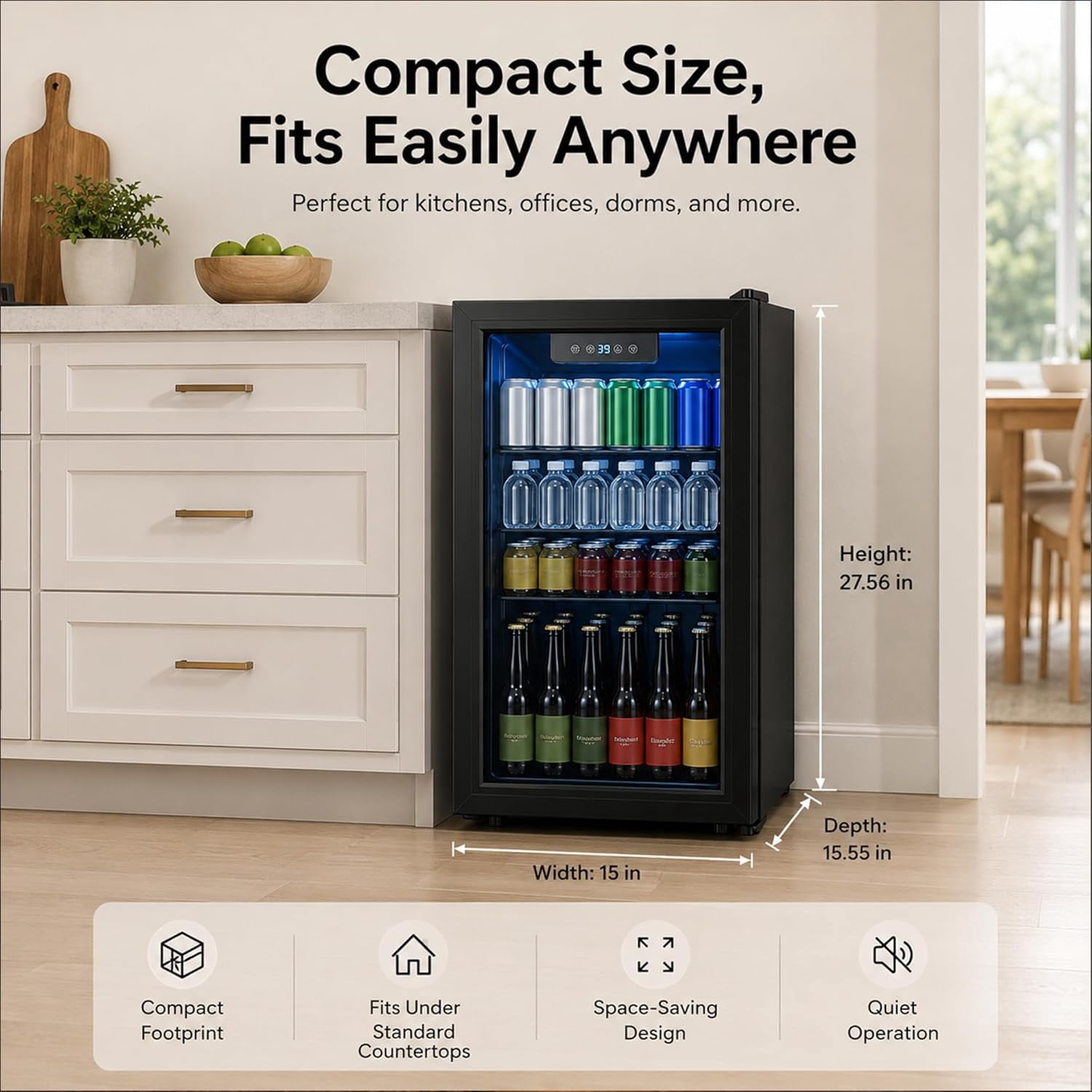 3.2 Cu.Ft Mini Beverage Refrigerator, 130 Can Glass Door Cooler for Drinks, Soda, Beer & Wine, Compact Fridge for Bedroom, Office, Home Bar, Black