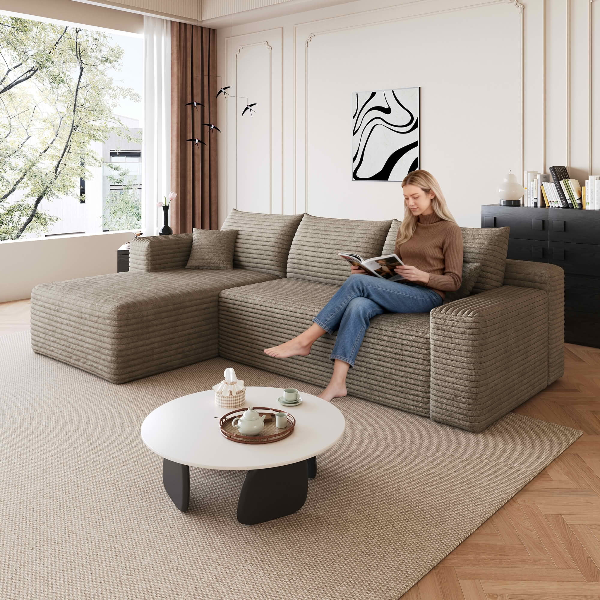 MAYEERTY 95" Cloud Sectional Sofa, U-Shaped Corduroy Upholstered Deep Seat Couch, No Assembly for Living Room, Brown