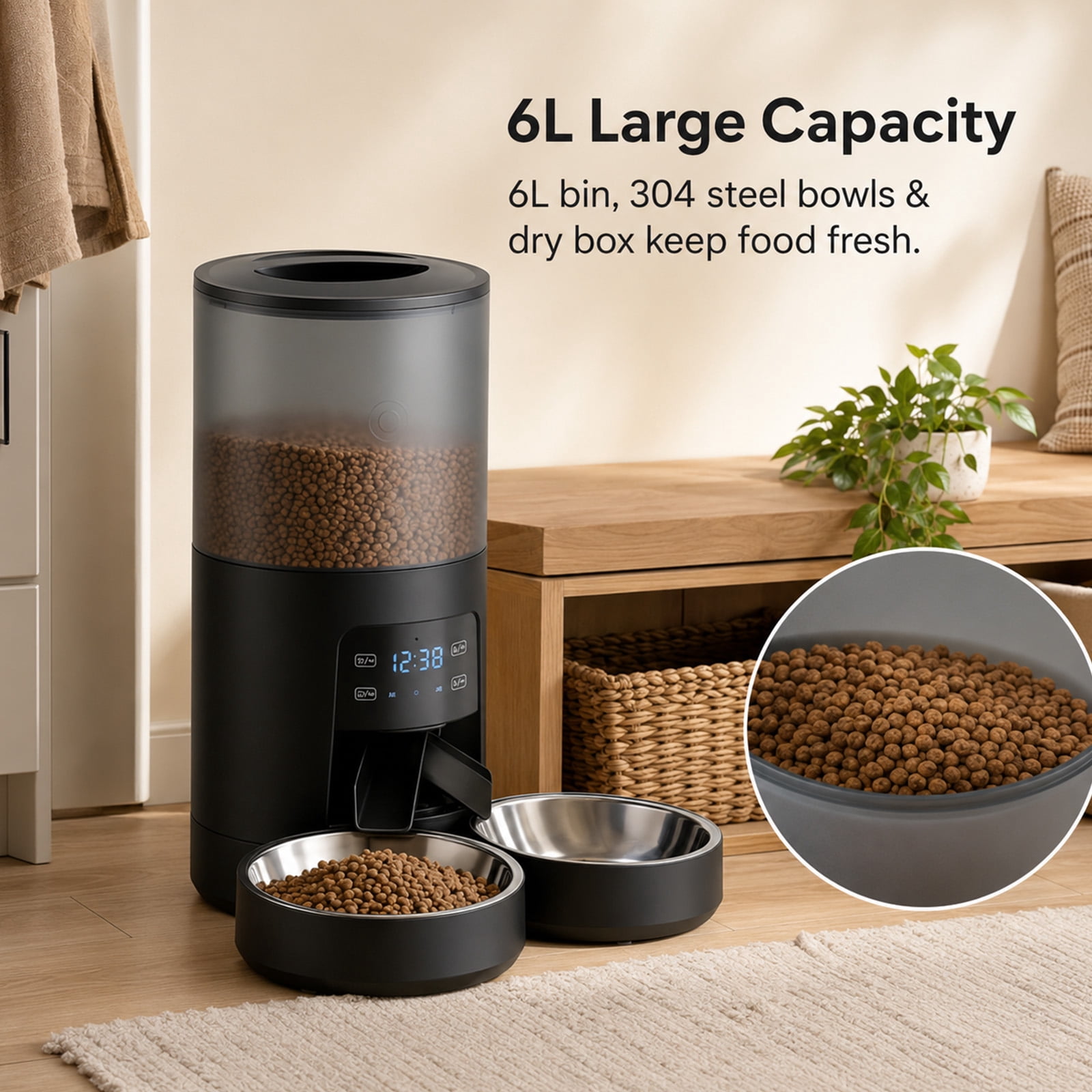 Alvantor 6L Automatic Cat Feeder, imed Cat Food Dispenser with 2 Stainless Bowls, Supply 10S Voice Recorder, Dual Power, Dual Pet Feeder for Cats and Dogs