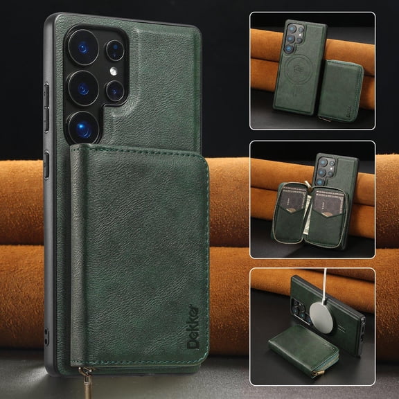 Allytechgroup 2-in1 Magnetic Zipper Wallet Case for Galaxy S26 Ultra with Detachable Cards Slots/Cash Pockets, Compatible with Magsafe PU Leather Wireless Charging Cover, Green