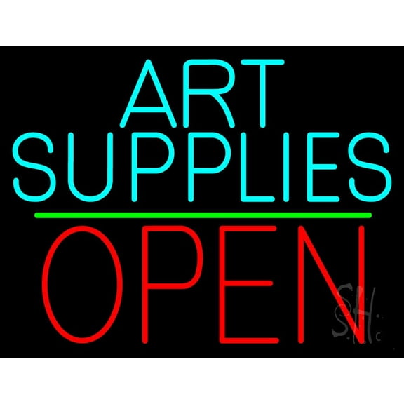 Turquoise Art Supplies With Open 1 LED Neon Sign 24 x 31 - inches, Clear Edge Cut Acrylic Backing, with Dimmer - Bright and Premium built indoor LED Neon Sign for art gallery, and exhibition.