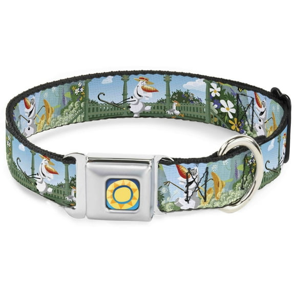 Disney Pet Collar, Dog Collar Metal Seatbelt Buckle, Olaf Garden Scenes, 13 to 17 Inches 1.5 Inch Wide