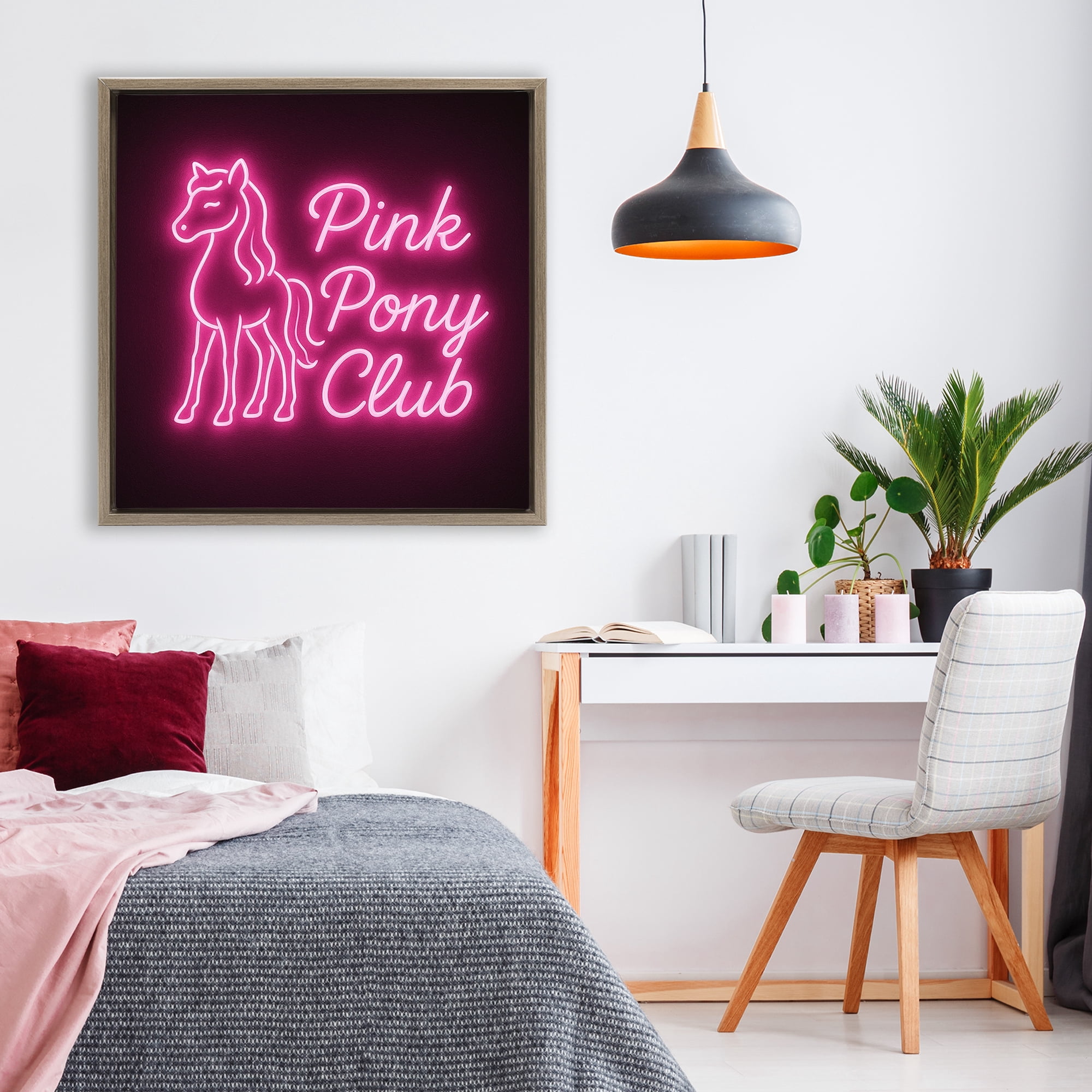 Stupell Industries Pink Pony Club Neon Brown Framed Floater Canvas Wall Art, design by Grotto Studios